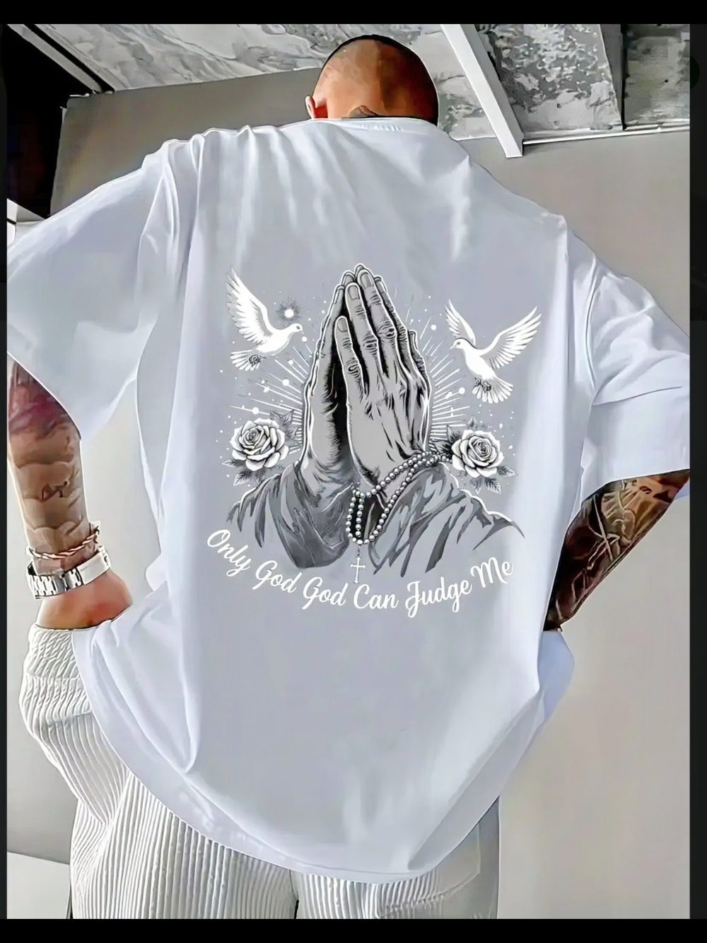 Religious Street T-shirt (Size 4X) White Graphic Tee with Praying Hands & Doves